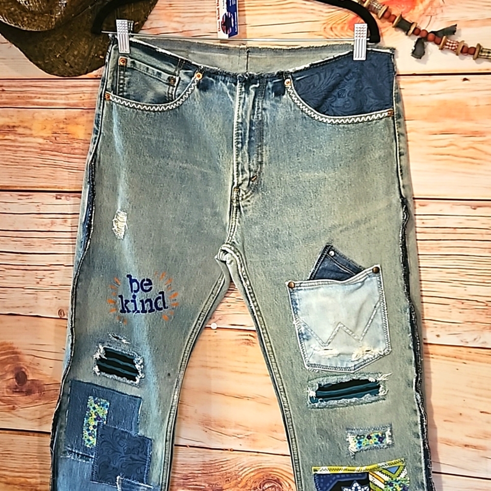 HANDMADE ☆ UPCYCLED "VINTAGE LEVI" EMBELLISHED KINDNESS JEANS! Sz 34w-34inseam